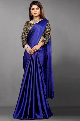 Flip The Style Solid/Plain Banarasi Crepe, Satin Saree(Blue)