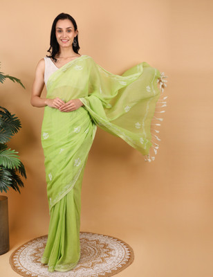 SHWET Embroidered Lucknow Chikankari Mulmul Saree(Green)