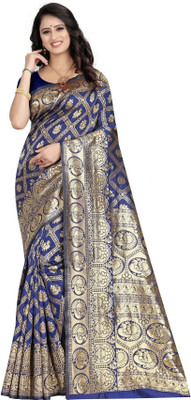 DHAYNAAND REEWA FASHION Woven Banarasi Jacquard Saree(Dark Blue)
