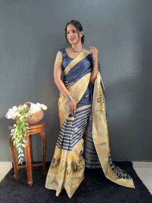 Julee Digital Print Banarasi Pure Silk Saree(Dark Blue)
