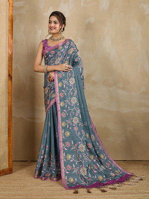 RekhaManiyar Printed Saree with Attached Blouse Silk Blend Saree(Grey)