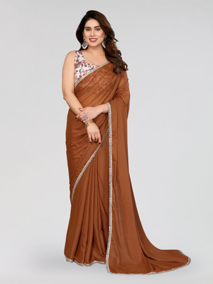 BLEESBURY Embellished, Dyed, Solid/Plain, Self Design Bollywood Chiffon, Georgette Saree(Brown)