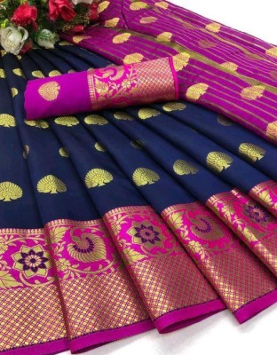 heeru creation Woven Kanjivaram Jacquard, Pure Silk Saree(Blue)