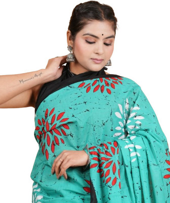 Shree Shyam Floral Print, Printed Banarasi Cotton Blend Saree(Light Blue)