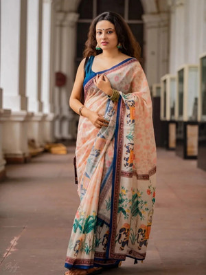 yourwish Printed Bollywood Cotton Blend Saree(Orange, Multicolor)