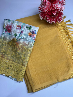 HouseOfCommon Digital Print, Solid/Plain Daily Wear Georgette Saree(Yellow)