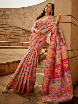 AAGIRI Embellished, Paisley, Self Design, Woven Paithani Cotton Silk Saree(Pink)