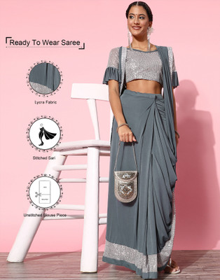 Samah Solid/Plain Bollywood Lycra Blend, Satin Saree(Grey, Silver)