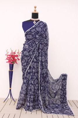 Zoamic the ethnic corner Printed Mysore Georgette Saree(Blue)