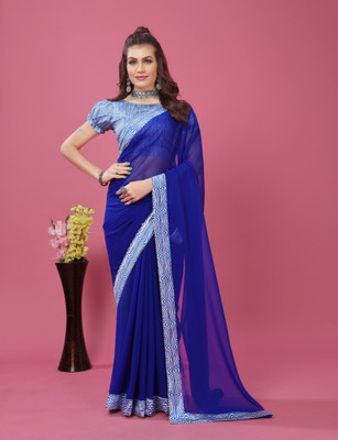 PRETTYAGE Printed Bollywood Georgette Saree(Light Blue)