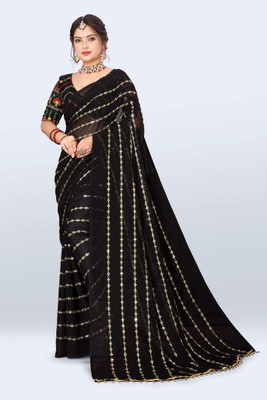 ZALARIYU Striped Bollywood Georgette Saree(Black)