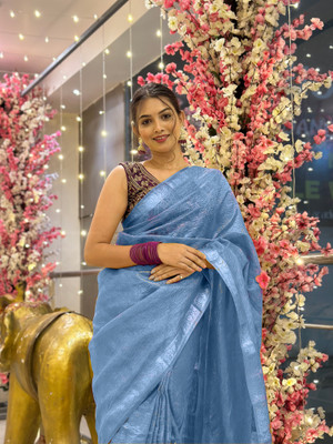 SEVAK SAREES Solid/Plain Banarasi Tissue Saree(Light Blue)