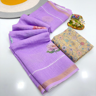 Arya tex Floral Print, Printed Pochampally Linen Saree(Purple)