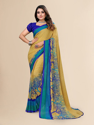 Anand Sarees Floral Print Daily Wear Georgette Saree(Beige, Blue)