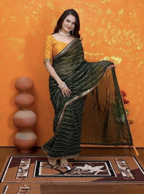 mdsales Printed, Embellished Bandhani Georgette Saree(Green)