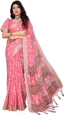 Priyashi Printed, Floral Print Mysore Cotton Silk Saree(Pink)