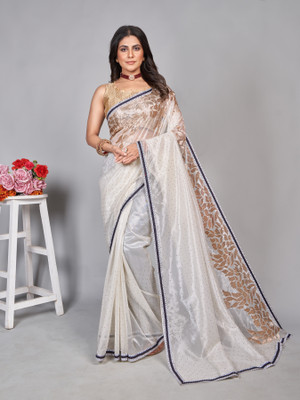 YASHVI Embroidered Bollywood Supernet Saree(White)