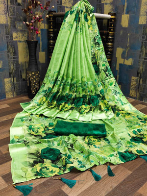 Krishnavatika Printed Maheshwari Linen Saree(Green)
