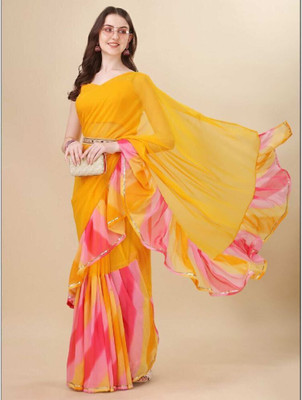 RAJESHWAR FASHION Printed, Striped Bollywood Georgette Saree(Yellow, Multicolor)