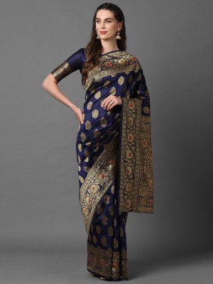 Sareemall Woven Banarasi Silk Blend Saree(Dark Blue)