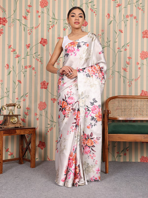 Ode by House of Pataudi Printed Bollywood Satin Saree(Cream, Multicolor)