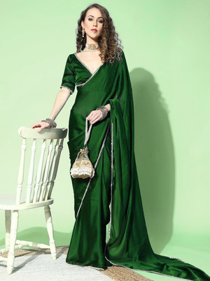 Femane Solid/Plain Bollywood Silk Blend Saree(Dark Green)