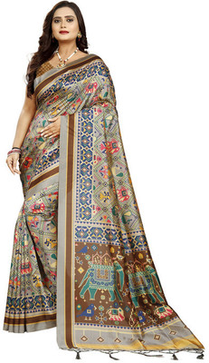 SEIKETSU Geometric Print Assam Silk Linen Saree(Grey)