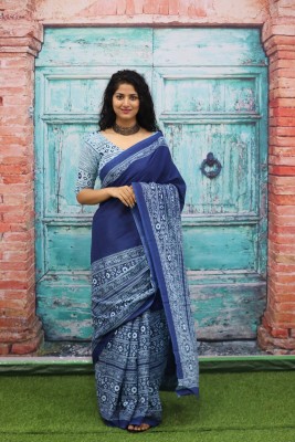 ABHIT CREATION Blocked Printed Daily Wear Pure Cotton Saree(Blue)