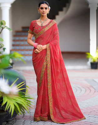 Satrani Printed, Embellished, Embroidered Bandhani Georgette, Chiffon Saree(Pink, Orange)