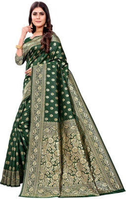 LEAFSY Self Design Banarasi Jacquard Saree(Green)