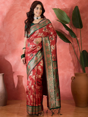 Sangria Self Design Saree with Attached Blouse Silk Blend Saree(Red)