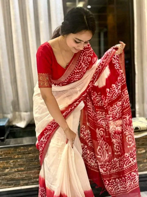 Shree Hari Printed Handloom Cotton Linen Saree(White)