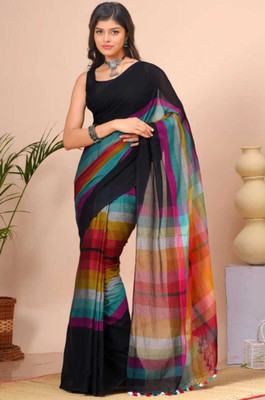 Maku Striped Handloom Pure Cotton Saree(Black)