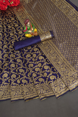 Dhyey Fashion Self Design Banarasi Silk Blend Saree(Blue)