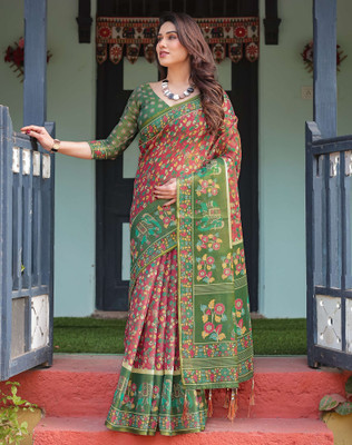 Tasrika Floral Print, Woven, Embellished Handloom Linen Saree(Pink)