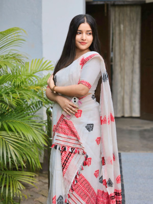 AREEVANZ Woven Mekhela Chador Cotton Blend Saree(White)