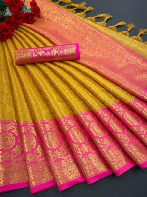 fabkapadiya Printed, Temple Border, Embellished Banarasi Art Silk, Cotton Silk Saree(Yellow)