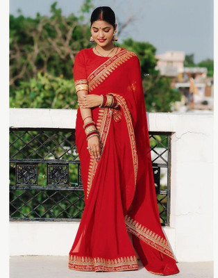 Samah Embroidered, Embellished, Dyed Assam Silk Georgette Saree(Red, Gold)