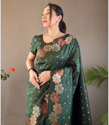 Bindi Woven, Floral Print Banarasi Pure Silk Saree(Black)