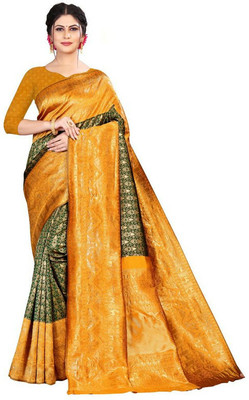SHWENILA Solid/Plain Assam Silk Pure Silk Saree(Yellow)