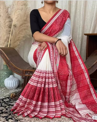 nebadita Temple Border Narayanpet Pure Cotton Saree(White, Red)