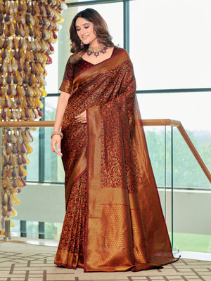 Sariya Woven Banarasi Satin, Jacquard Saree(Maroon)