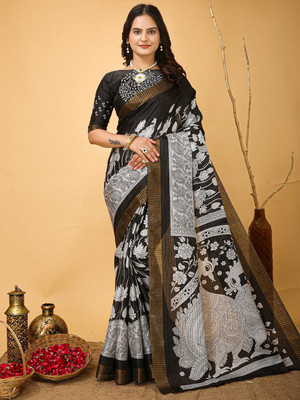Anouk Rustic Printed Chinnalapattu Cotton Blend Saree(Black)