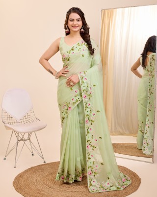 EKASYA Embroidered Bollywood Organza Saree(Light Green)