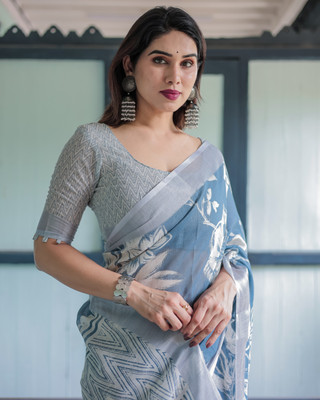 ALMAARI FASHION Digital Print Jamdani Cotton Linen Saree(Grey)