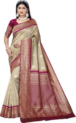 BuyNests Woven, Self Design Kanjivaram Silk Blend Saree(Beige)