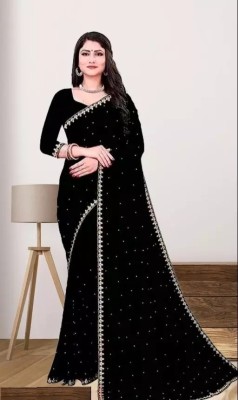 Nirvaan Solid/Plain Bollywood Lycra Blend Saree(Black)