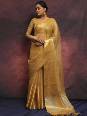 Dujjan Silk Emporium Solid/Plain, Woven Kanjivaram Tissue Saree(Gold)