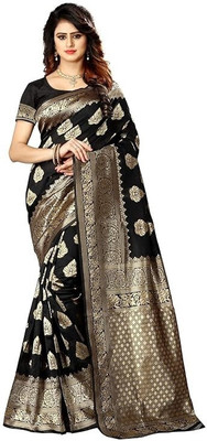 Pdfabrics Woven Kanjivaram Cotton Silk Saree(Black)
