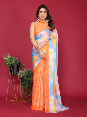 Divastri Floral Print Bollywood Chiffon Saree(Orange)